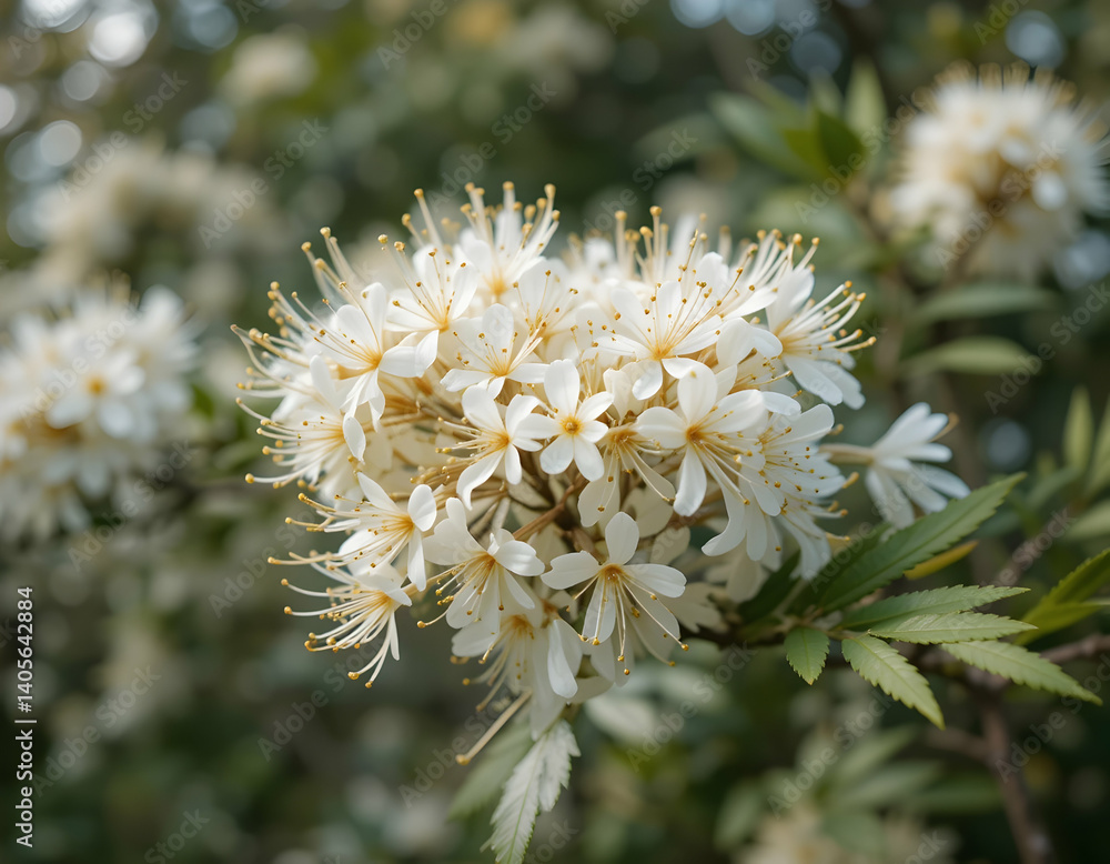 White Flowers Blooming on a Green Branch in Natural Light White Flowers Blooming on a Green Branch in Natural Light