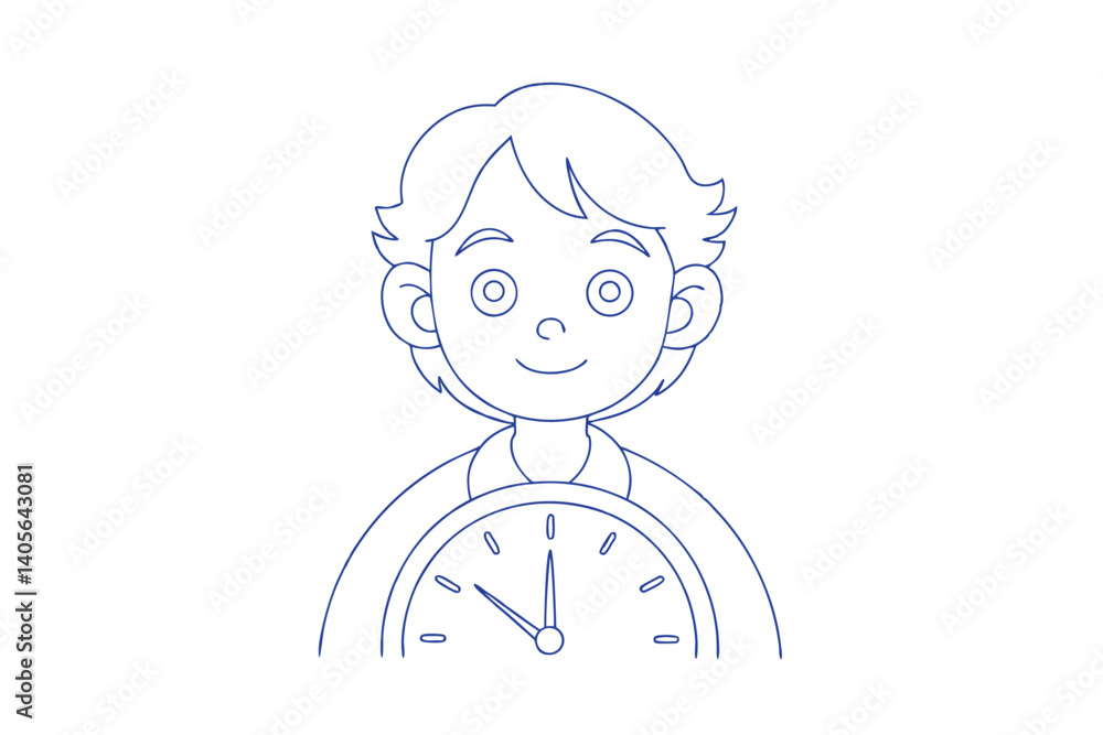 Fototapeta premium Boy With Clock Outline Education Time Concept Kids Learning Illustration Vector