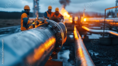Obraz na płótnie A team of engineers wearing safety gear inspecting a high-pressure gas pipeline in a refinery, with copy space w salonie