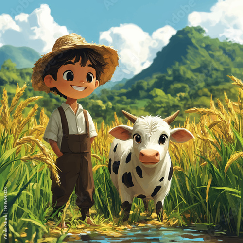 Cartoon Farmer with a Cow in Rice Field – Bangladeshi Rural Life Theme Vector Illustration
