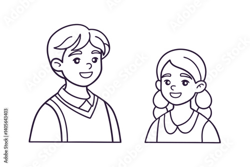 Illustration Of Smiling Boy And Girl In Outline Style Minimalist Design