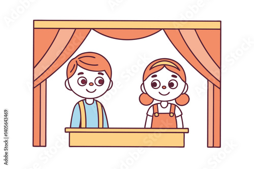 Two Kids Performing Puppet Show In Stage Cute Vector Illustration