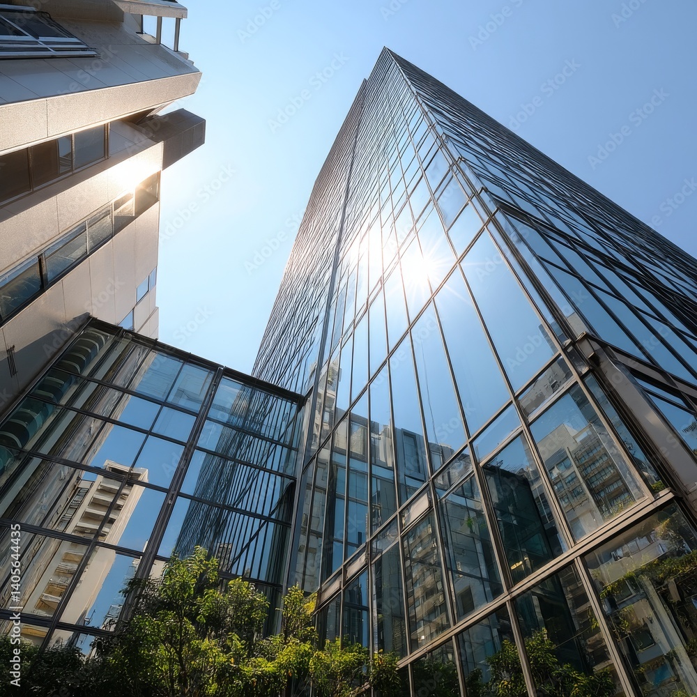 Fototapeta premium Modern skyscraper architecture featuring glass facade and reflecting sunlight in an urban environment, showcasing vibrant city life and contemporary design elements.