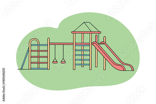 Colorful Playground Equipment Vector Illustration With Slide Swings And Climbing Bars