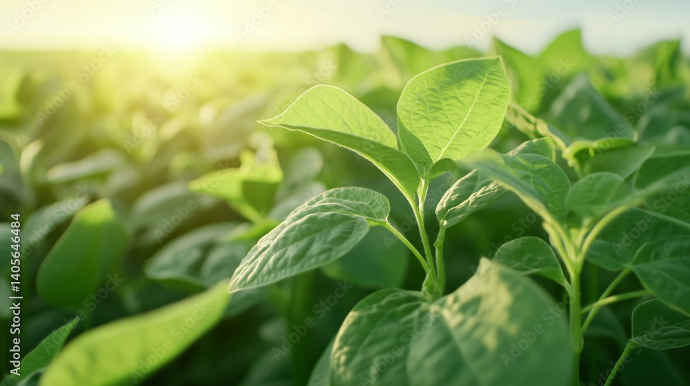 Obraz premium Agriculture view at farm dawn with sun rise warmth, sharply detailed soybean rows with clear pods, bright skylight from a clear blue sky creating crisp plant shadows, lush greenery, Ultra HD
