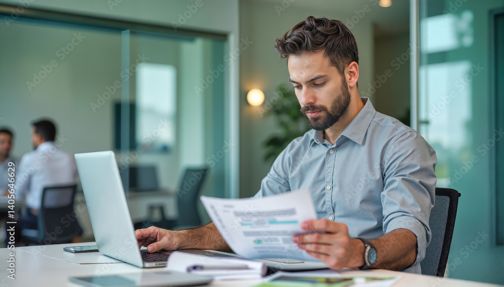 Bearded businessman in blue shirt analyzing data report with charts while working at office desk with laptop. Professional male executive reviewing financial documents. Focused manager examining Bearded businessman in blue shirt analyzing data report with charts while working at office desk with laptop. Professional male executive reviewing financial documents. Focused manager examining