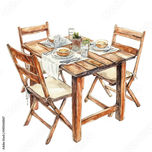 Wooden Dining Table Set For A Meal, watercolor vector, isolated on a white background.