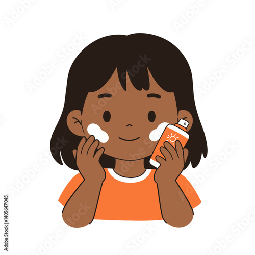 Sunscreen Application: A joyful depiction of a child applying sunscreen to their face, emphasizing the importance of sun protection and care for the young ones.