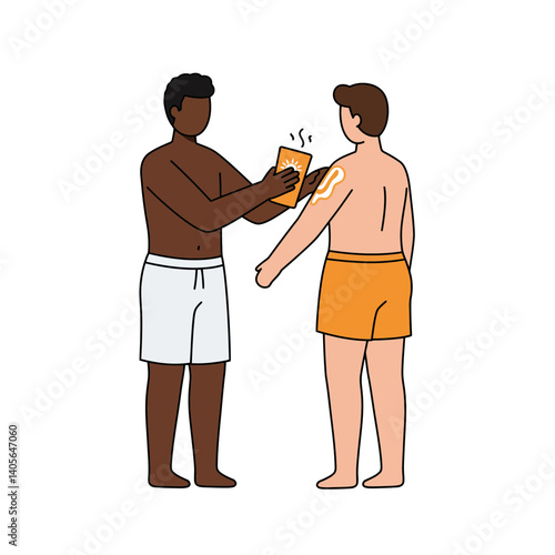 Sunscreen Application: A moment of sun protection, as one individual applies sunscreen to another, highlighting care, summer leisure, and the importance of skin health.