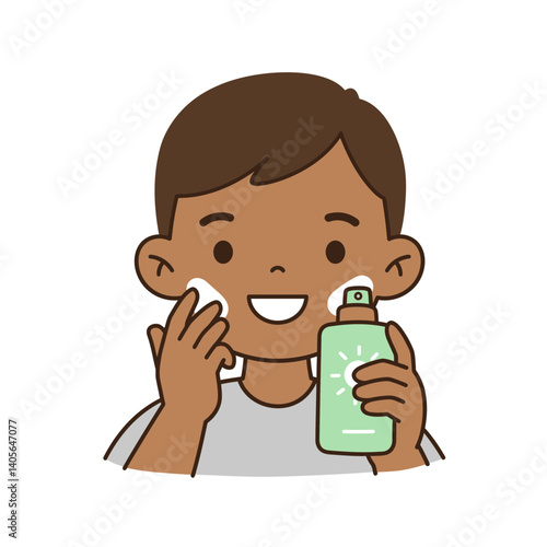 Smiling boy applying sunscreen: This cheerful boy applying sunscreen to his face represents summer sun protection, healthy habits, and skin care.