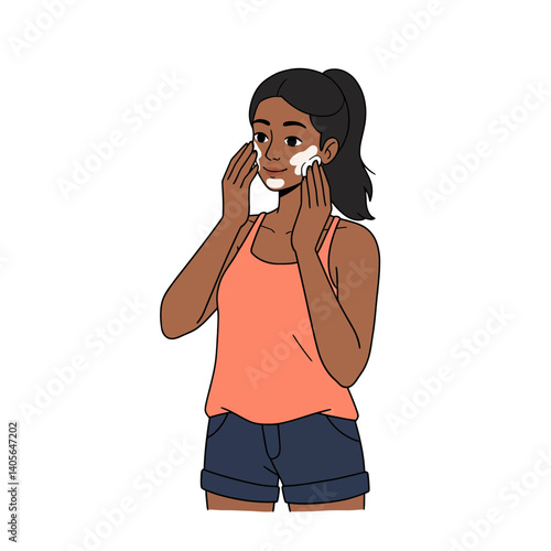 Skincare Routine: A woman applies facial cleanser, capturing a moment of self-care and beauty, with her hands gently massaging the cleansing foam onto her skin.  
