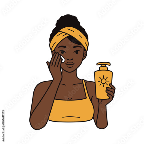 Radiant Protection: A beautiful person of color applies sunscreen to her face, ensuring radiant, protected skin, while highlighting the importance of sun protection.