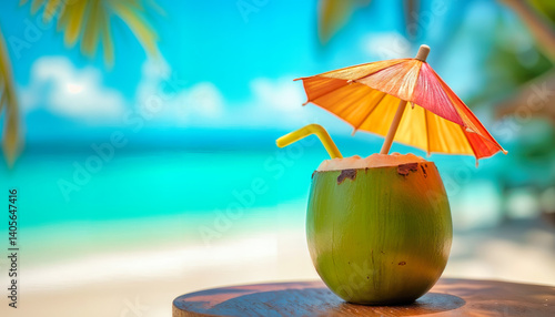 Wallpaper Mural Fresh coconut drink with colorful cocktail umbrella and yellow straw on wooden surface against turquoise ocean backdrop. Tropical beach paradise with palm trees, bright sunshine, and blue waters. Torontodigital.ca