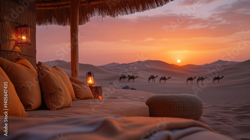 Relaxing desert sunset view with walking camels in the background