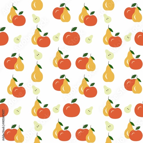 Seamless pattern with colorful pears and apples on a white background. Simple flat design, perfect for textiles, wrapping paper, and digital backgrounds.
