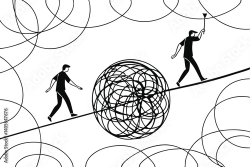 105 tightrope walkers, chaotic tangled ball, black and white illustration, minimalist style, concept art, balance, chaos vs order, metaphorical image, silhouettes, wire mesh sphere, tension, contrast,