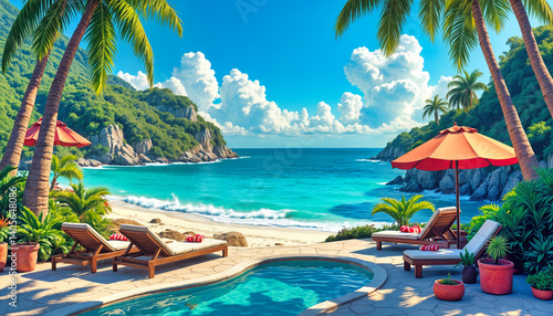 Luxury private beach resort with infinity pool and sunloungers under orange umbrellas. Tropical paradise cove surrounded by lush mountains, palm trees, and pristine turquoise ocean waters. Idyllic photo