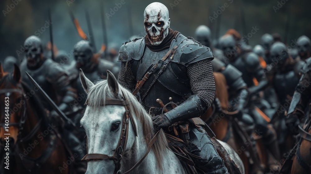 A zombie knight riding a skeletal warhorse, leading an undead army through a cursed battlefield, with copy space