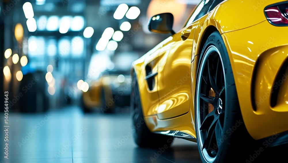 Sleek yellow sports car in a modern showroom Sleek yellow sports car in a modern showroom