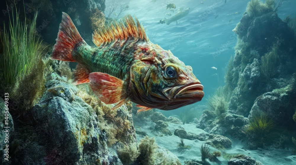 Vibrant underwater scene featuring a colorful fish amidst coral formations Vibrant underwater scene featuring a colorful fish amidst coral formations