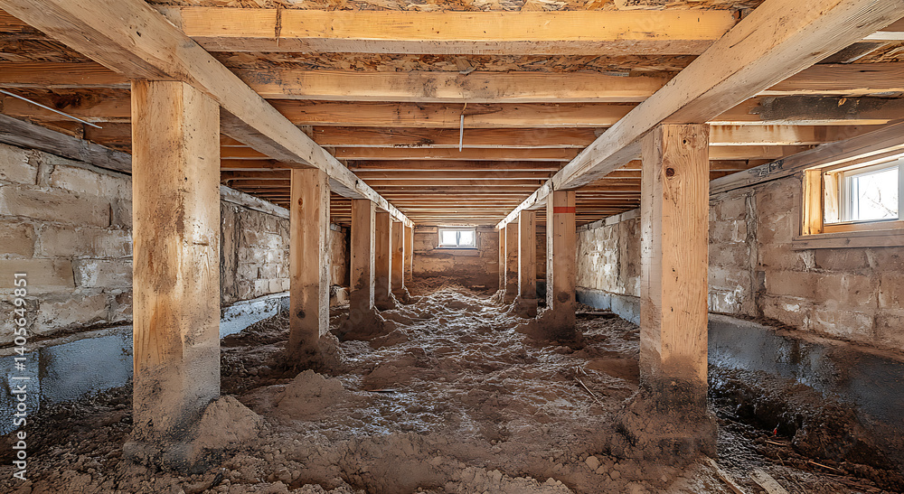 Unfinished basement with exposed wooden beams and support columns, dirt floor, and small windows. Unfinished basement with exposed wooden beams and support columns, dirt floor, and small windows.