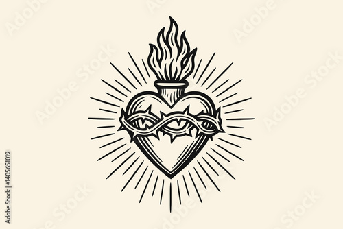 Sacred flaming heart with thorns in vintage engraving style