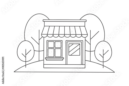 Minimalist Outline Illustration Of Storefront With Trees In Black And White