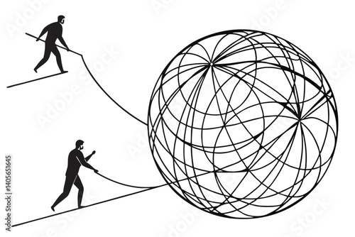 105 tightrope walkers, chaotic tangled ball, black and white illustration, minimalist style, concept art, balance, chaos vs order, metaphorical image, silhouettes, wire mesh sphere, tension, contrast,