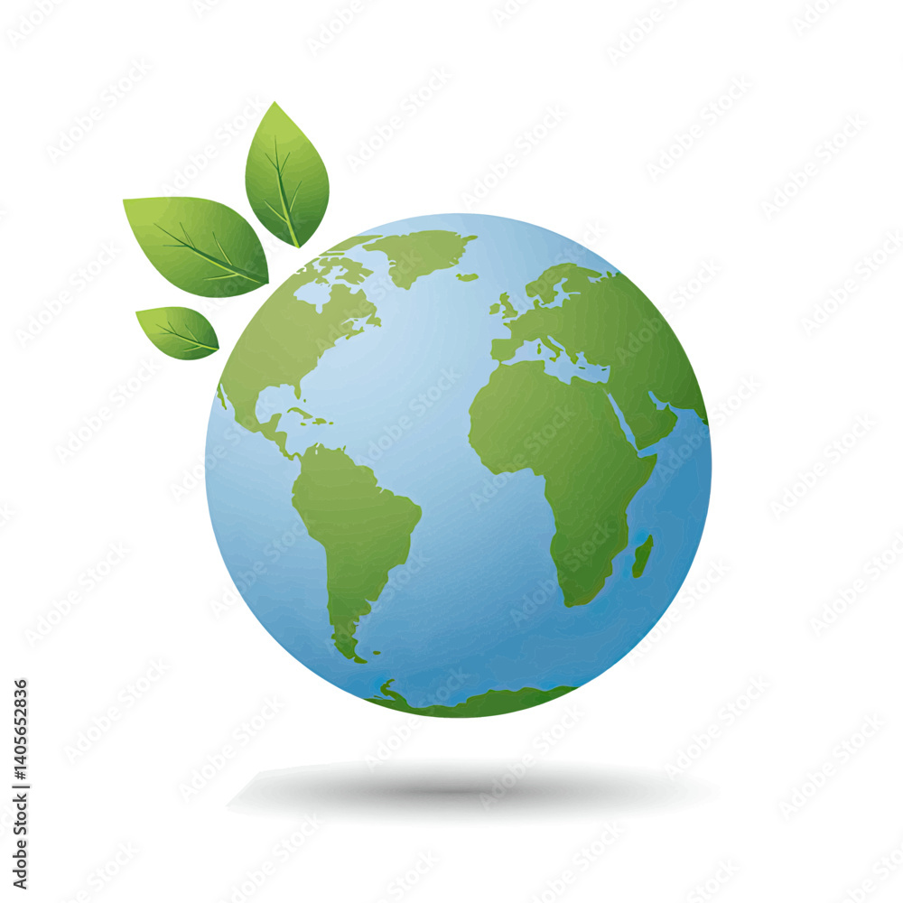 Green Earth Globe: A vibrant illustration of Earth with three green leaves, symbolizing environmental protection and sustainability. Green Earth Globe: A vibrant illustration of Earth with three green leaves, symbolizing environmental protection and sustainability.