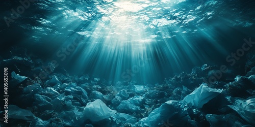 Sunbeams illuminate plastic waste polluting the ocean floor creating a somber underwater scene. Use this image to raise awareness about marine pollution.