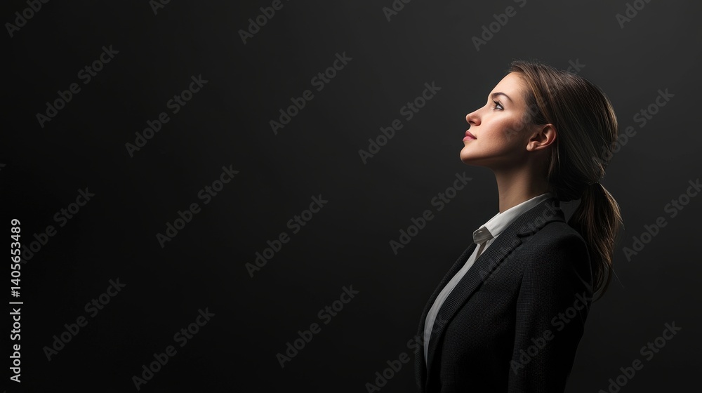 Business woman wearing suit standing in the office with copyspace for stock photo