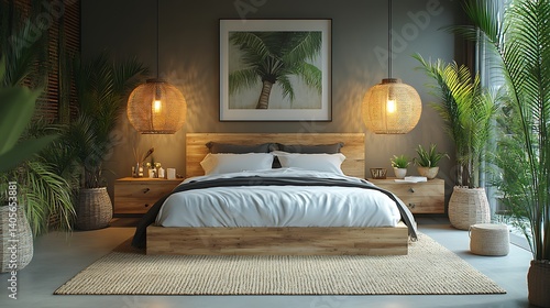 Cozy hotel style bedroom interior with soft textures high resolution picture