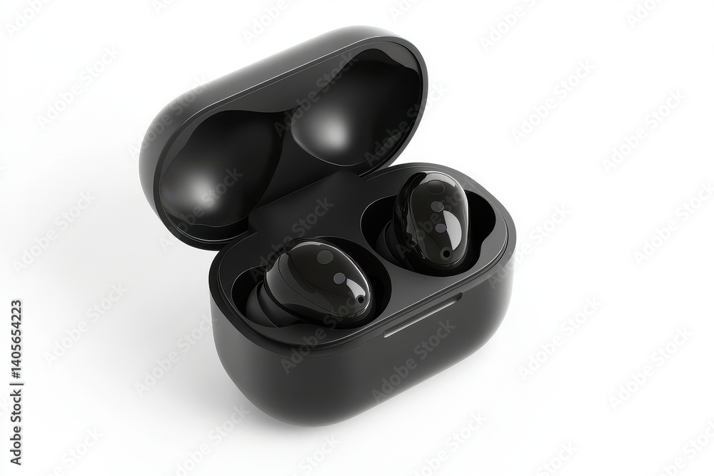Wireless earbuds with a sleek black finish and compact charging case, isolated on white background Wireless earbuds with a sleek black finish and compact charging case, isolated on white background
