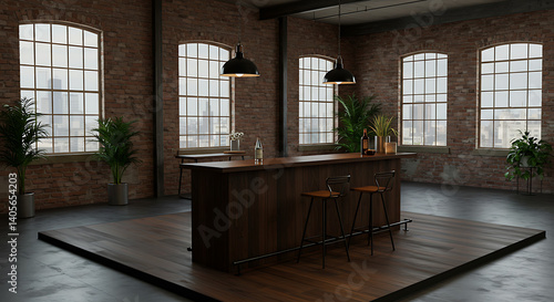 Dark Wood Bar, Industrial Loft: City View AI Generated
