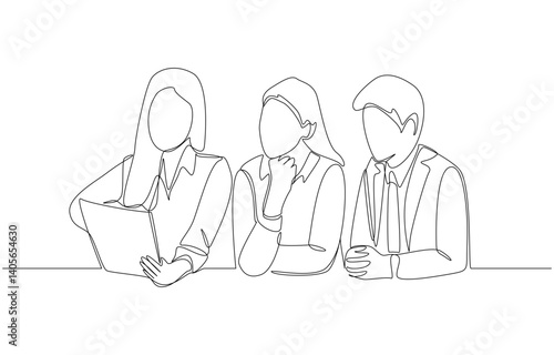 Continuous one line drawing of businesswoman asking coworkers for advice about work, business team communication concept, single line art