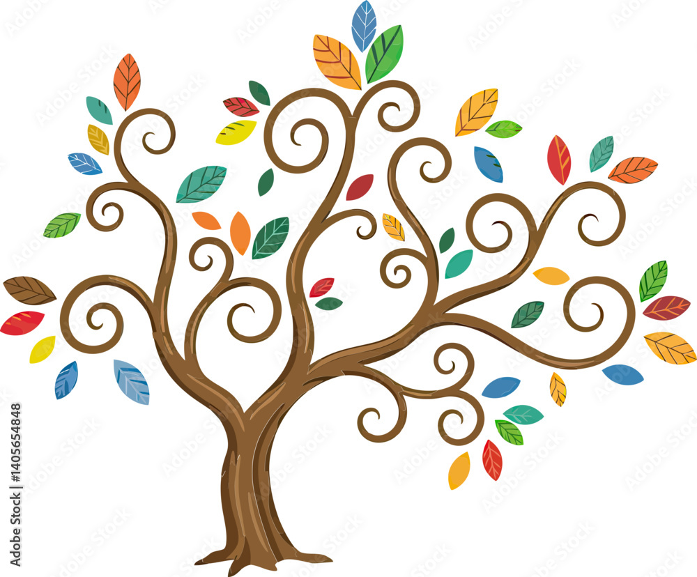 Obraz premium Whimsical Tree of Life: An artistic depiction of a vibrant, blossoming tree with colorful, stylized leaves and swirling branches, symbolizing growth, life, and the interconnectedness of nature.