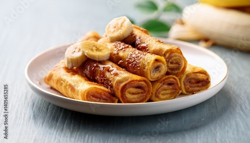 caramelized banana roll crispy banana chip rolls in white plate fruit snack