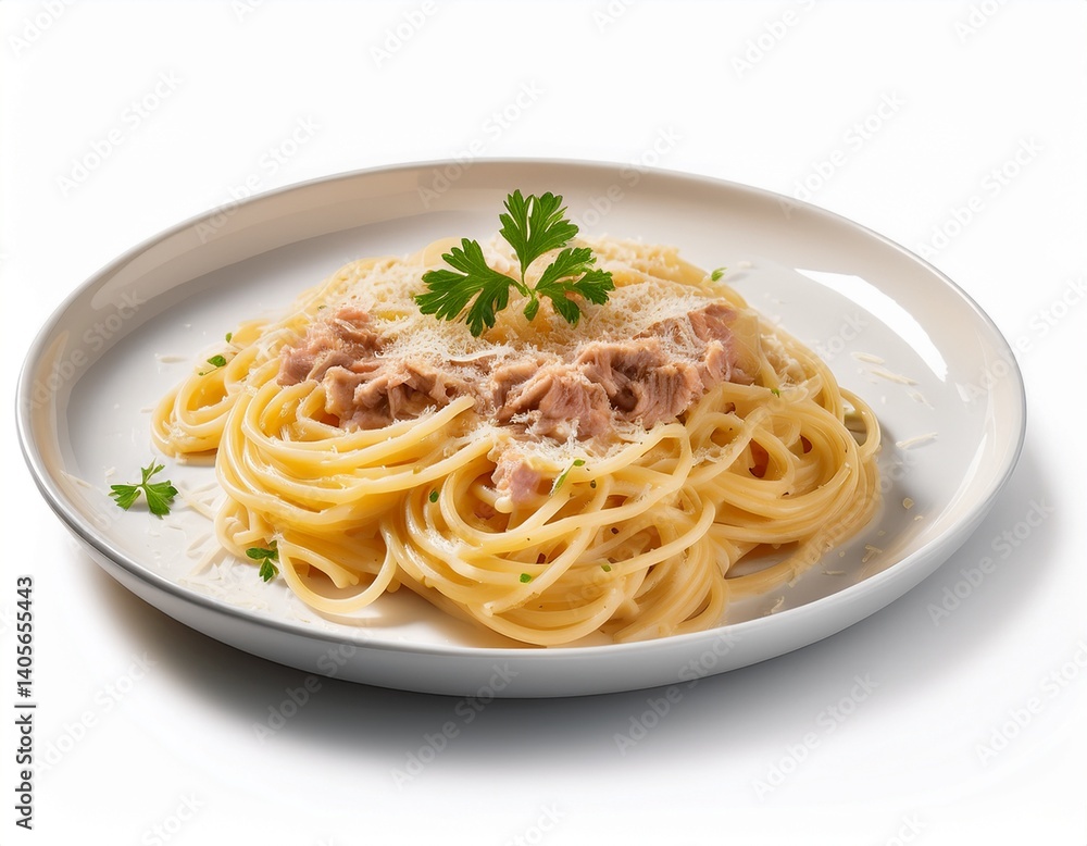 spaghetti carbonara with canned tuna topped with parmesan cheese and parsley in white plate spaghetti carbonara with canned tuna topped with parmesan cheese and parsley in white plate