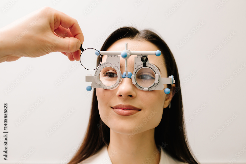 Trial frame glasses to determine the correct prescription lenses. Girl is wearing trial frame glasses for eye exam vision test by ophthalmologist. Trial frame glasses to determine the correct prescription lenses. Girl is wearing trial frame glasses for eye exam vision test by ophthalmologist.