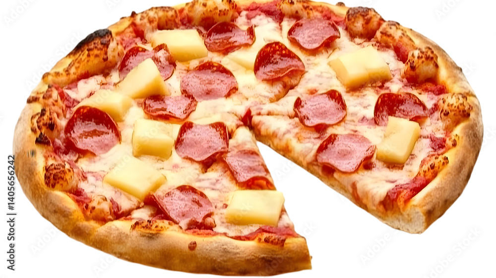 Isolated Photo of a Pizza with Pepperoni and Pineapple Toppings Delicious Food Isolated Photo of a Pizza with Pepperoni and Pineapple Toppings Delicious Food