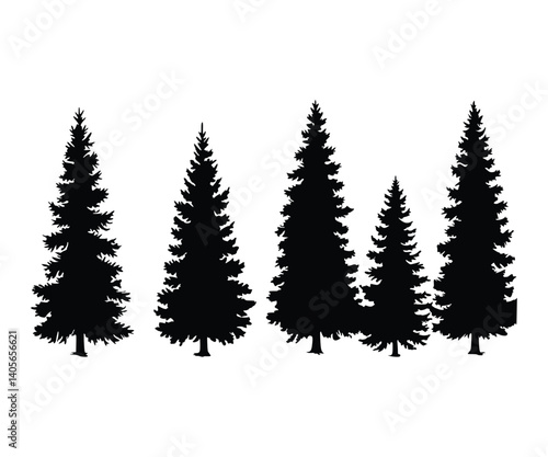 ir tree silhouette collection. Patterns depicting horizontal views of coniferous or spruce forests, illustrated with black pine woods. Beautifully hand-drawn panoramas of coniferous areas.