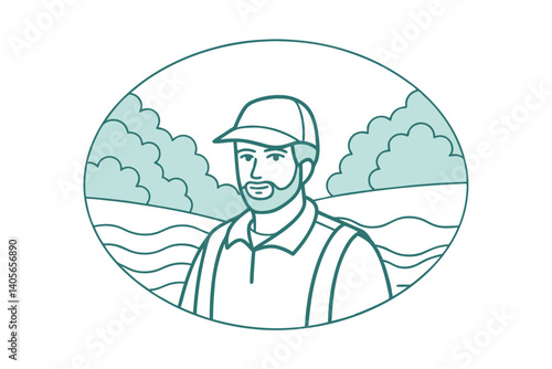 Man With Beard In Baseball Cap And Vest On Farm Outline