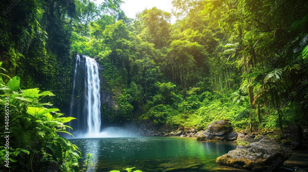 A beautiful waterfall cascading through lush green tropical rainforest A beautiful waterfall cascading through lush green tropical rainforest