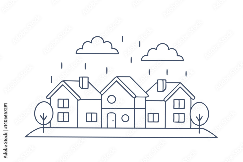 Minimalist Illustration Of Houses In The Rain Simple Line Art Vector Minimalist Illustration Of Houses In The Rain Simple Line Art Vector
