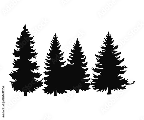 ir tree silhouette collection. Patterns depicting horizontal views of coniferous or spruce forests, illustrated with black pine woods. Beautifully hand-drawn panoramas of coniferous areas.