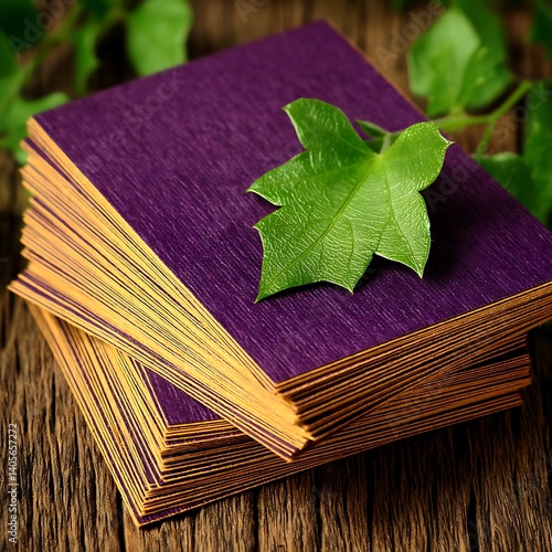 Purple Stacked Cards with Green Leaf Decoration of excellence in splendor beyond compare with grace