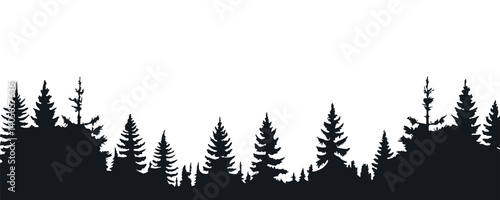 ir tree silhouette collection. Patterns depicting horizontal views of coniferous or spruce forests, illustrated with black pine woods. Beautifully hand-drawn panoramas of coniferous areas.