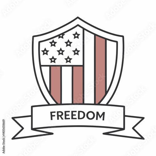 A shield proudly displaying the American flag, a symbol of freedom and national pride, boldly proclaimed on a banner below with a minimalist line art style.
