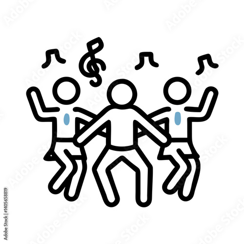 Three joyful friends dance together to upbeat music, celebrating friendship and fun with simple line art and a playful, energetic vibe.