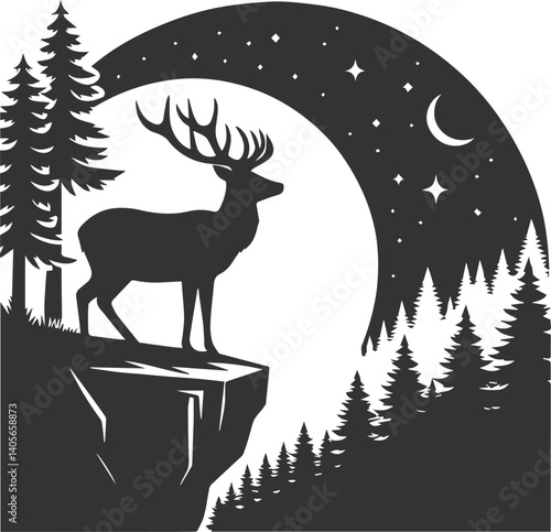 Deer with forest tree vector silhouette
